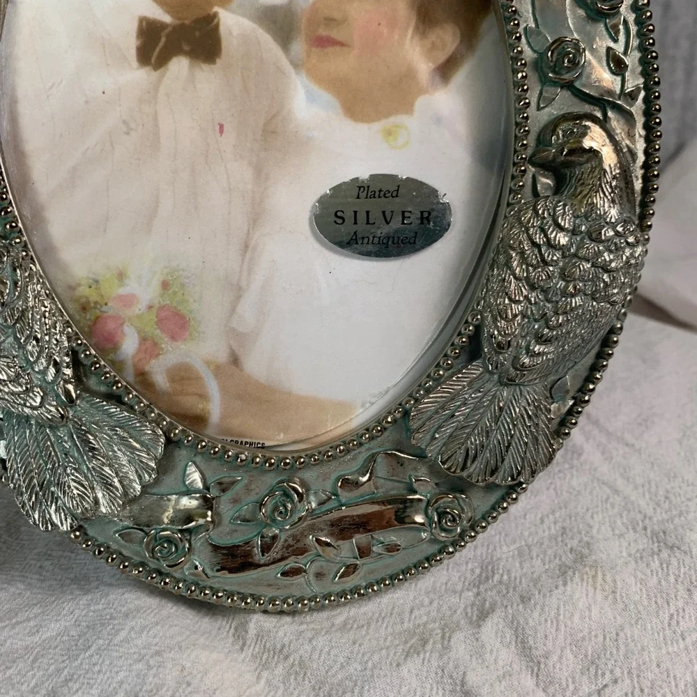 Vintage Figi Graphics 1990 Antiqued Silver Plated Oval Bird Rose Frame RR-63S
